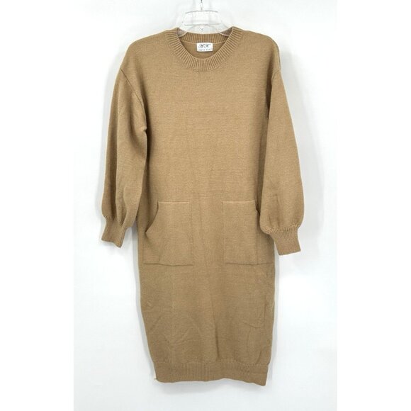 ANNA KAY sweater dress knit wool blend patch pockets midi long sleeve tan 2 - Picture 2 of 8